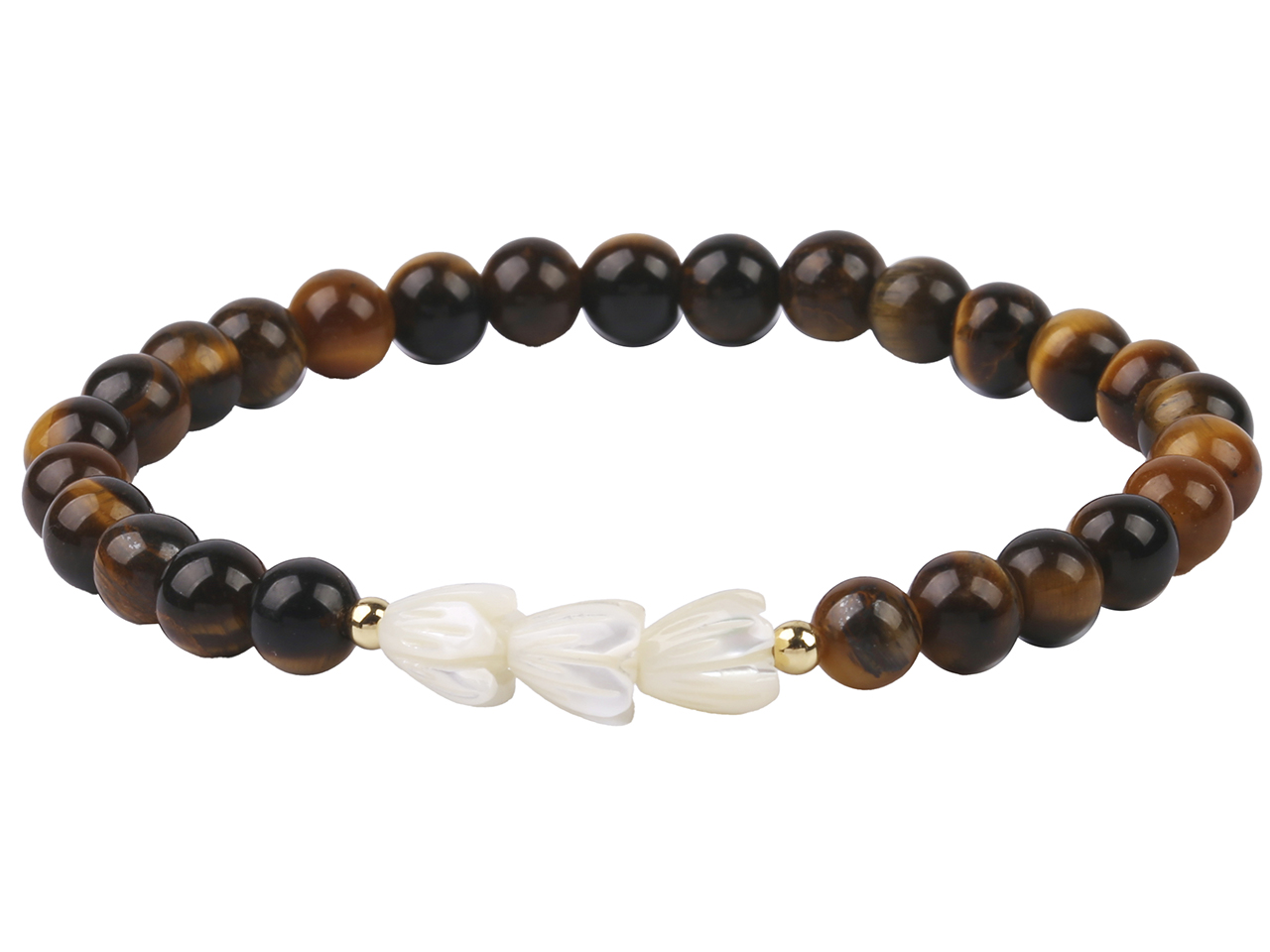 6mm Tiger Eye w/ MOP Shell Pikake Flower Elastic Bracelet