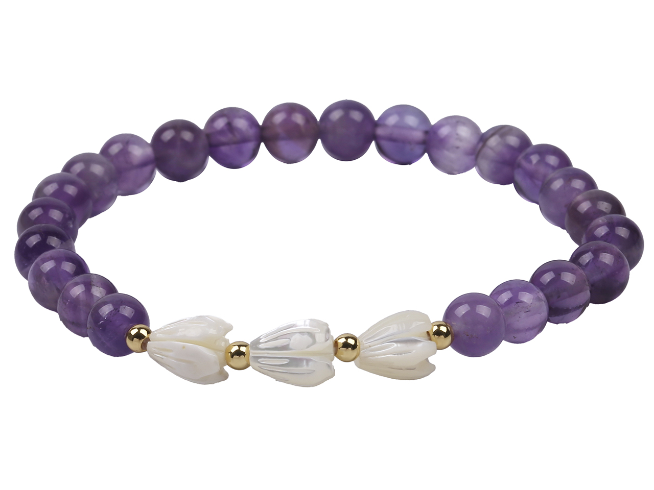 6mm Amethyst w/ MOP Shell Pikake Flower Elastic Bracelet