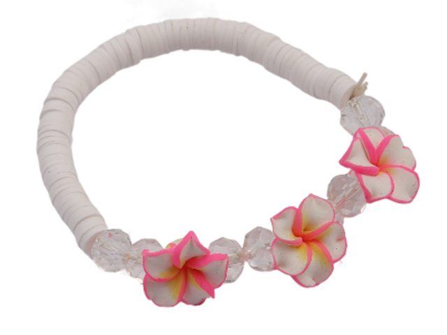 Pink & White Fimo Flower whtie Stretchable Bracelet / Ankle - Click Image to Close