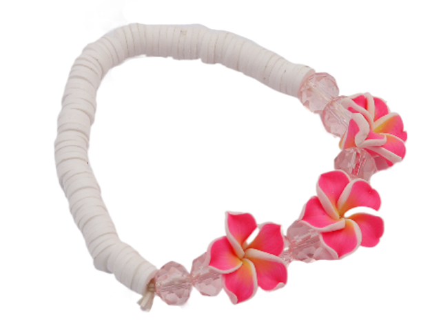 Hot Pink Fimo Flower Puka Shell Stretchable Bracelet / Anklet