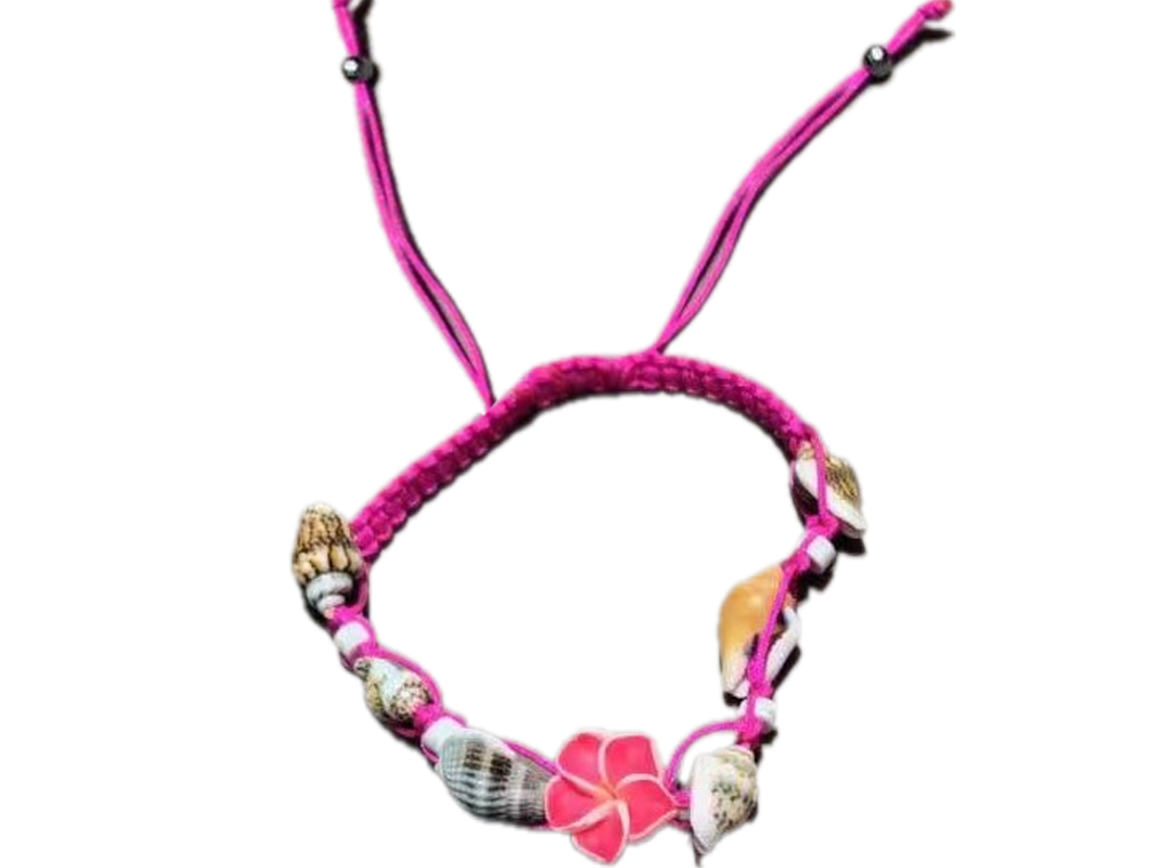 Pink & White Fimo Flower w/ Shell Adjustable Cord Bracelet / Ank