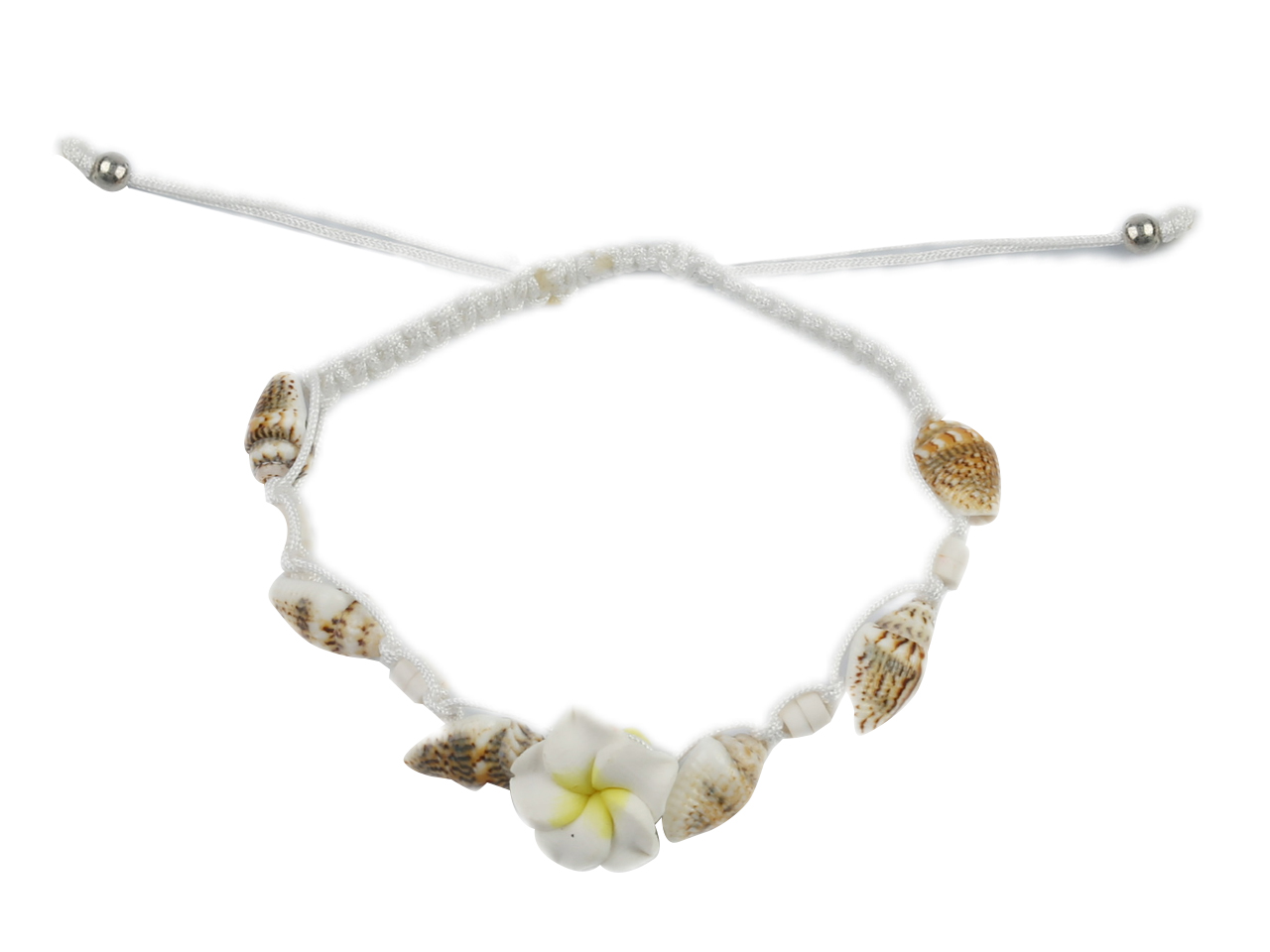 Yellow & White Fimo Flower w/ Shell Adjustable Cord Bracelet / A