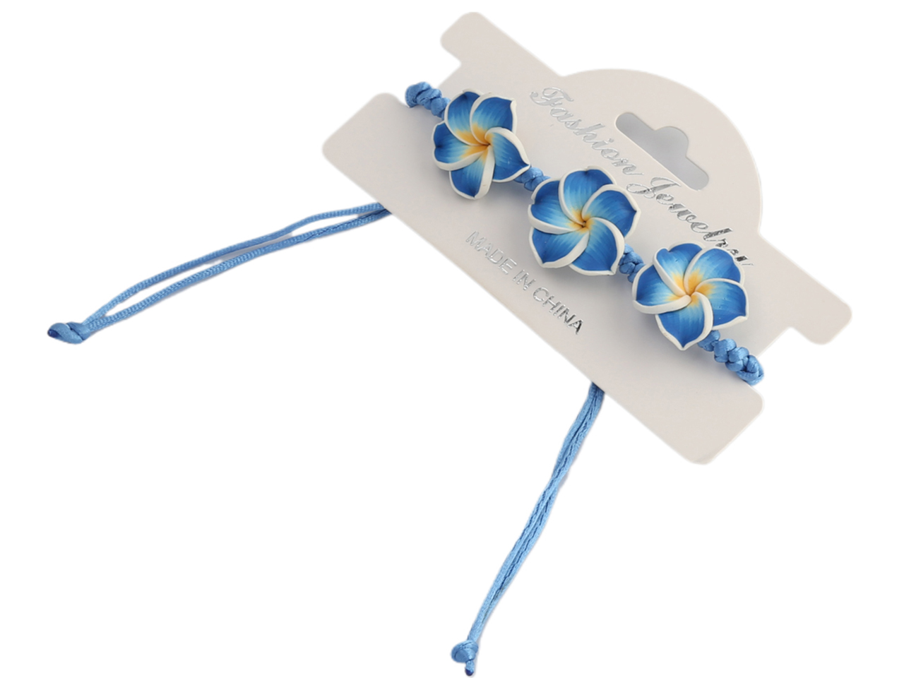 Blue, Yellow & White Fimo Flower on Satin / Silk Cord Bracelet - Click Image to Close