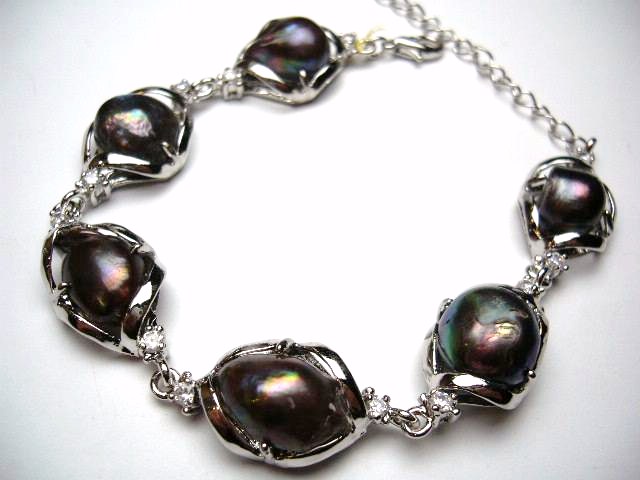 18KGP Black Genuine Fresh Water Pearl with C.Z. Bracelet