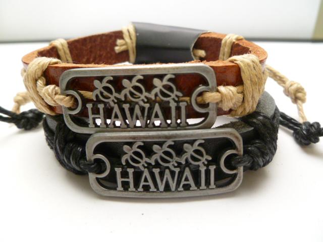 "Hawaii" 3 Turtle Metal Plaque Genuine Leather ID Bracelet