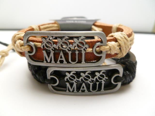 "Maui" Triple Turtle Metal Plaque Genuine Leather ID Bracelet