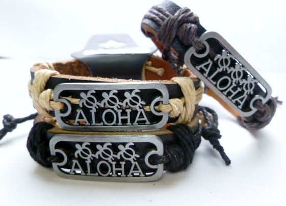 "Aloha" Triple Turtle Metal Plaque Genuine Leather ID Bracelet