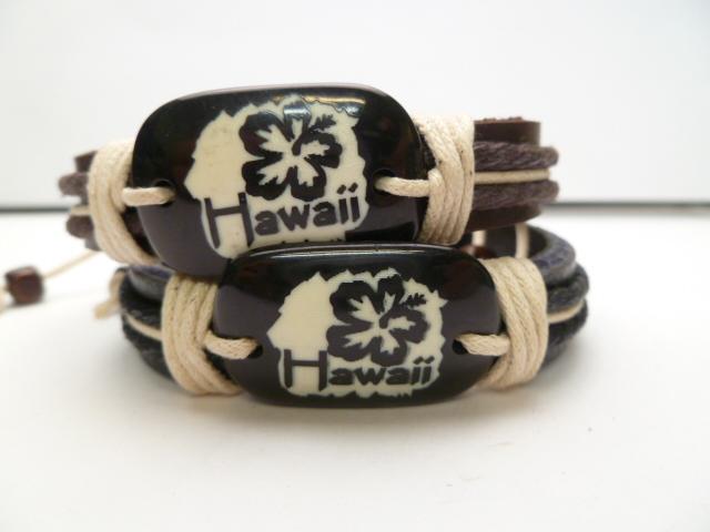 "Hawaii" Hibiscus Genuine Leather ID Bracelet