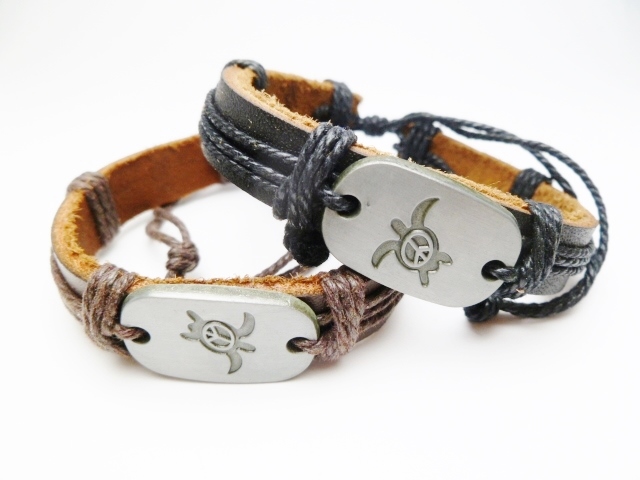 Turtle Metal Plaque Genuine Leather ID Bracelet