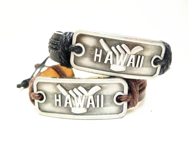 "Hawaii" Hang Loose Shaka Metal Plaque Leather ID Bracelet