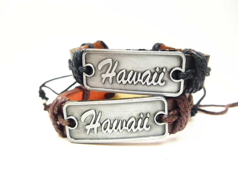 "Hawaii" Metal Plaque Genuine Leather ID Bracelet