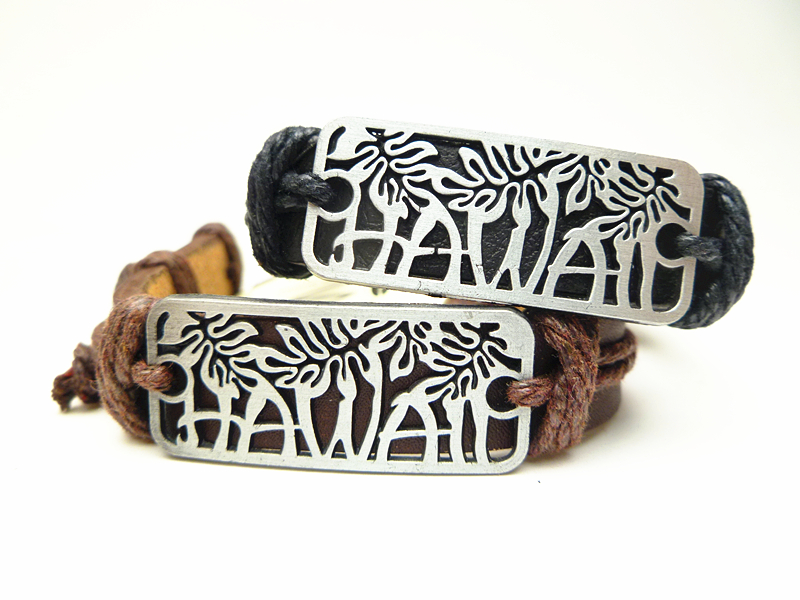 "Hawaii" Palm Leaf Metal Plaque Genuine Leather ID Bracelet