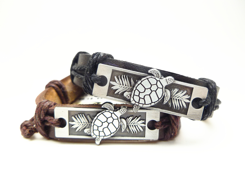 Turtle Palm Leaf Metal Plaque Genuine Leather ID Bracelet