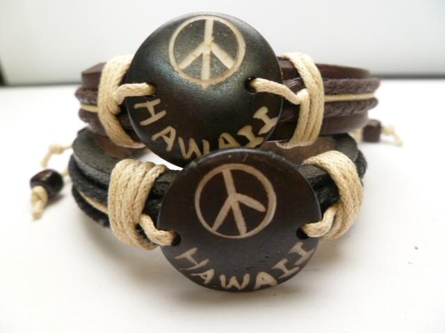 "Hawaii" Peace Sign Genuine Leather ID Bracelet - Click Image to Close