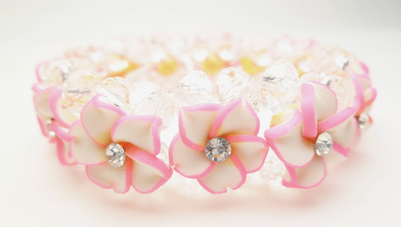 16mm White & Pink Fimo Plumeria Flower w/ C.Z Bracelet - Click Image to Close