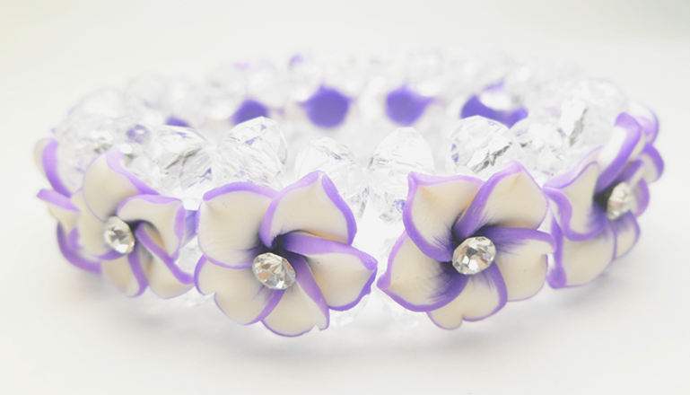 16mm White & Purple Fimo Plumeria Flower w/ C.Z Bracelet - Click Image to Close