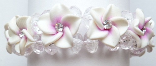 16mm White & Purple Fimo Plumeria Flower w/ C.Z Bracelet - Click Image to Close