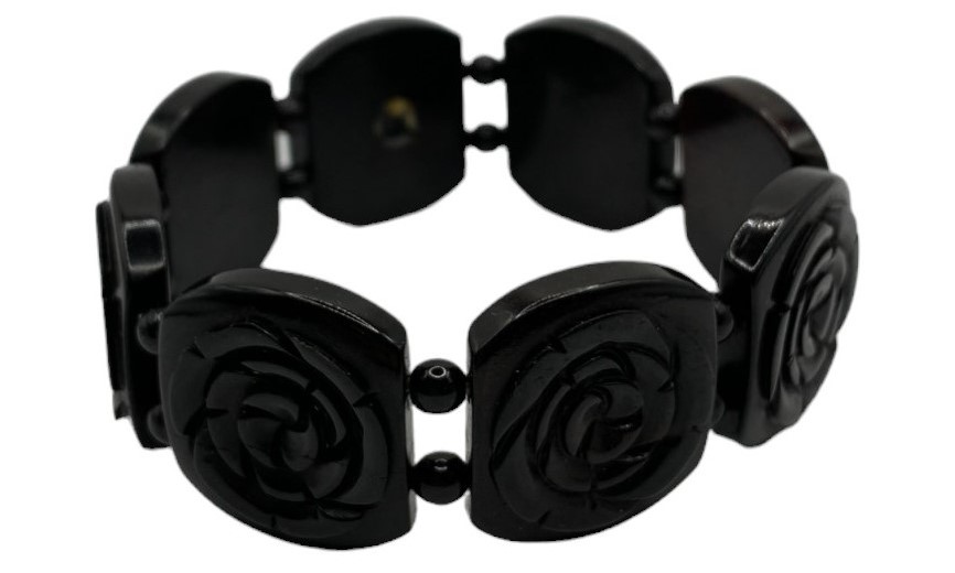 Flower Carved Black Buffalo Bone Elastic Bracelet