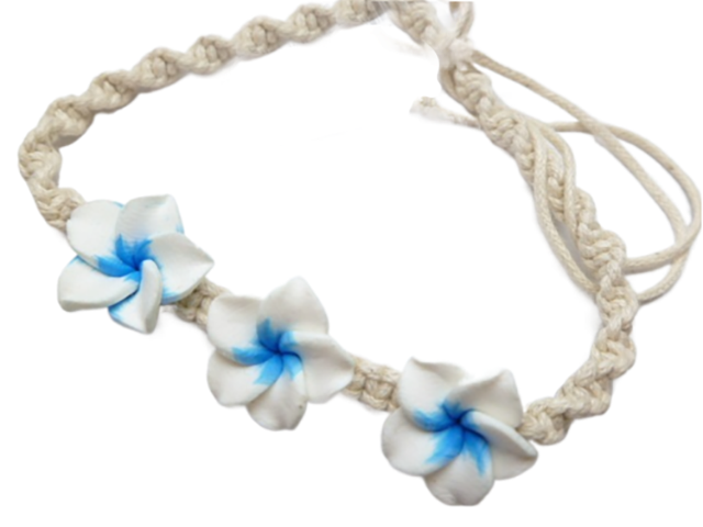16mm White & Blue Fimo Plumeria Flower Hemp Cord Bracelet