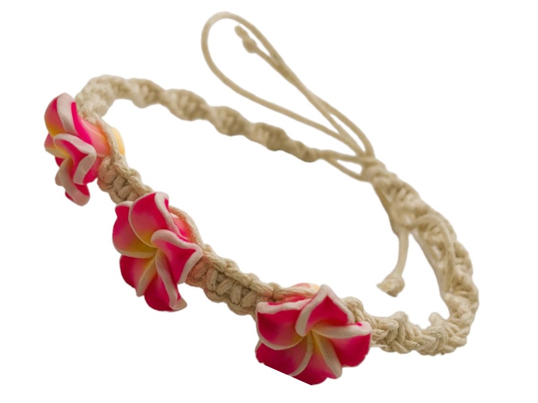 16mm Pink & Yellow Fimo Plumeria Flower Hemp Cord Bracelet