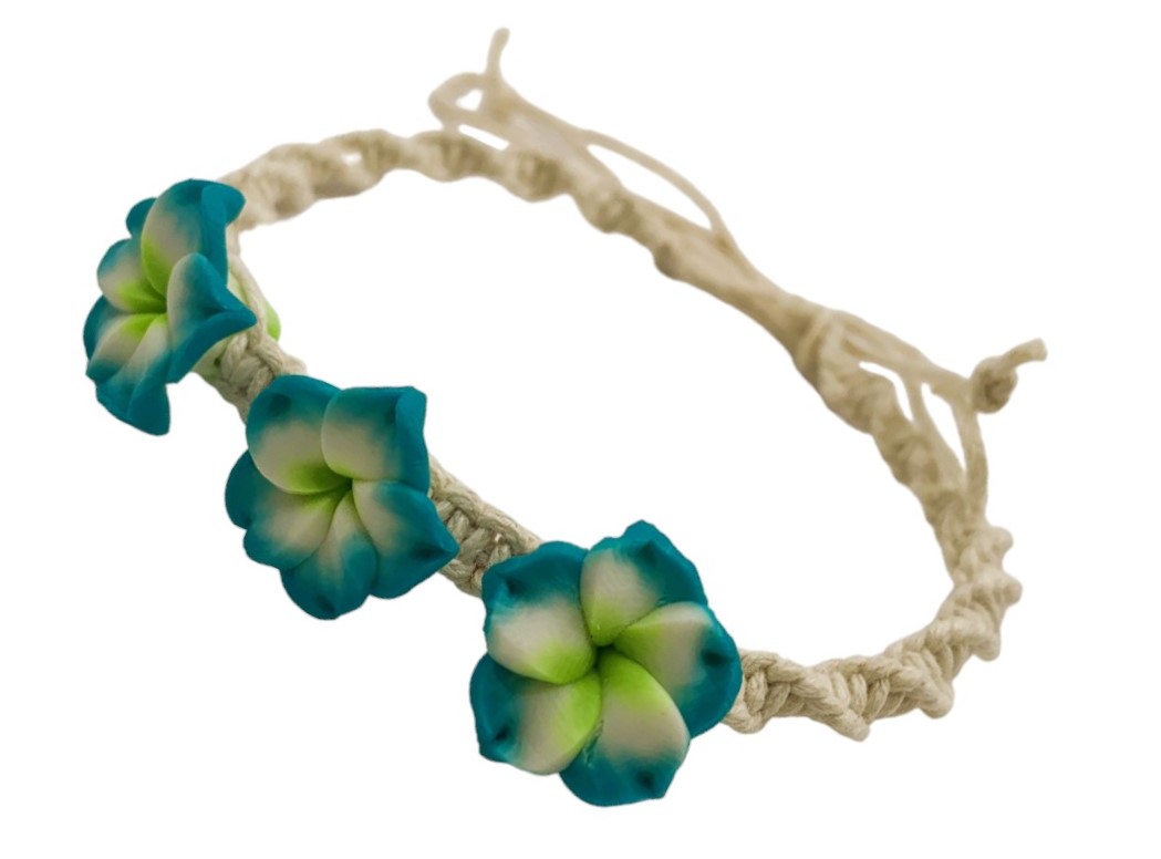 16mm Blue & Green Fimo Plumeria Flower Hemp Cord Bracelet