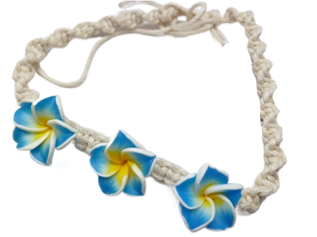 16mm White, Blue & Yellow Fimo Plumeria Flower Hemp Cord Bracele