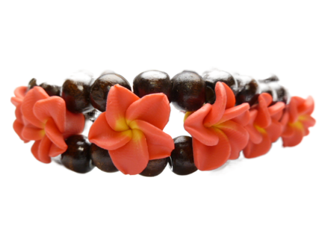 Child-15mm Red, Yellow Fimo Plumeria w/ 7mm Wood Beads Bracelet - Click Image to Close