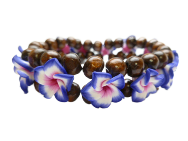 Child-15mm Blue, Pink Fimo Plumeria w/ 7mm Wood Beads Bracelet