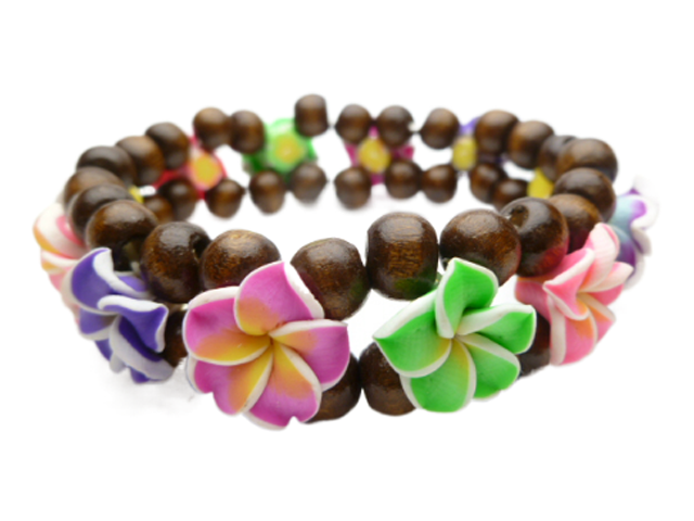 Child-15mm Multi Color Fimo Plumeria w/ 7mm Wood Beads Bracelet