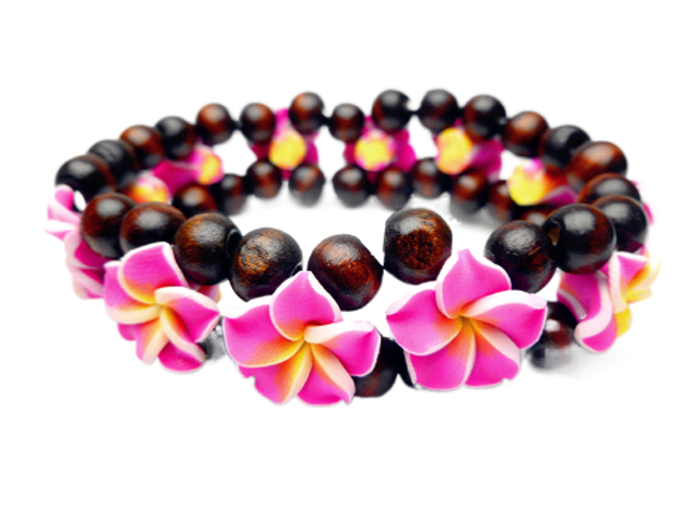 Child-15mm Pink White Fimo Plumeria w/ 7mm Wood Beads Bracelet