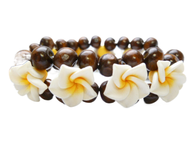 16mm White w/ Yellow Fimo Plumeria Flower Bracelet - Click Image to Close