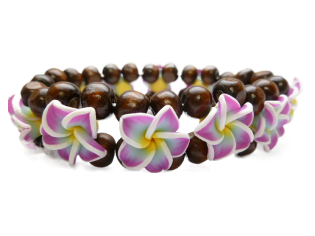 Child-15mm Purple, Blue Fimo Plumeria w/ 7mm Wood Beads Bracelet - Click Image to Close