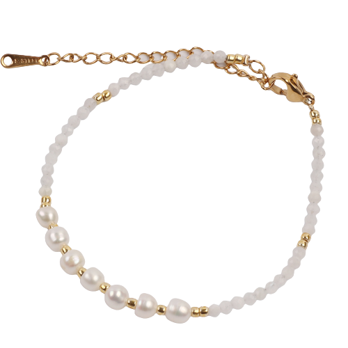 Fresh Water Pearl w/ Faceted Moon Stone Beads on Gold Tone Chain