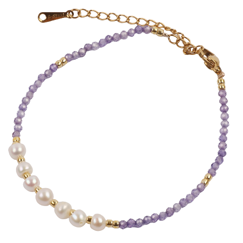 Fresh Water Pearl w/ Faceted Amethyst Beads on Gold Tone Chain