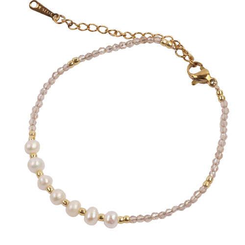 Fresh Water Pearl w/ Faceted Quatz Beads on Gold Tone Chain