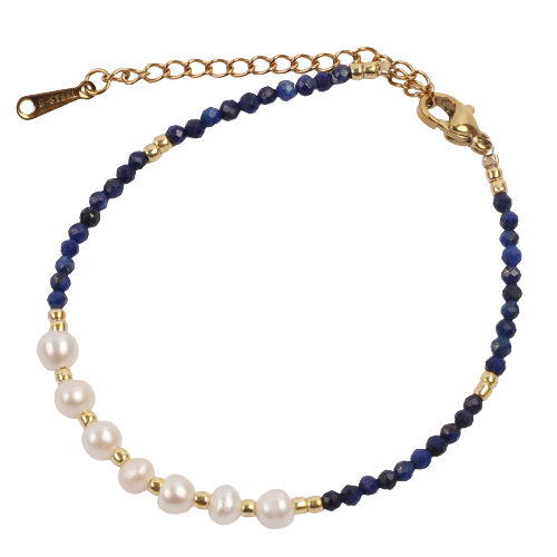 Fresh Water Pearl w/ Faceted Lapis Beads on Gold Tone Chain