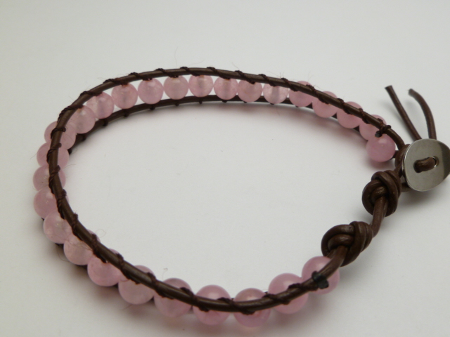 6mm Rose Quatz Beads with Dark Brown Leather Bracelet - Click Image to Close