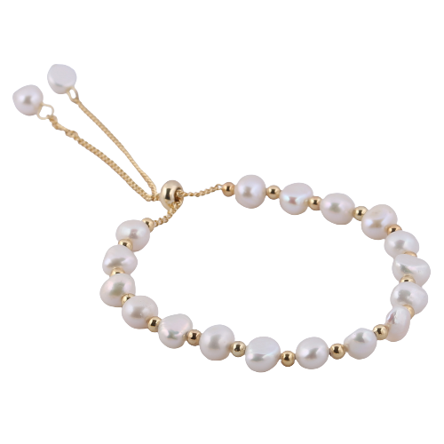 White Fresh Water Pearl w/ Gold Tone Beads Bolo Chain Bracelet,