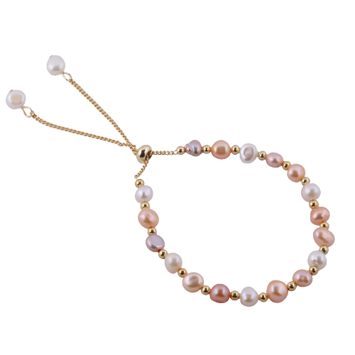 Tri Color Fresh Water Pearl w/ Gold Tone Beads Bolo Chain Bracel