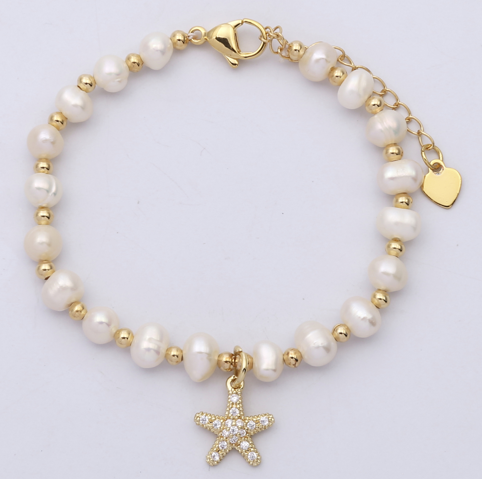 Tri Color FWP Pearl w/ Starfish Charm Gold Tone Bracelet, MOQ-6/