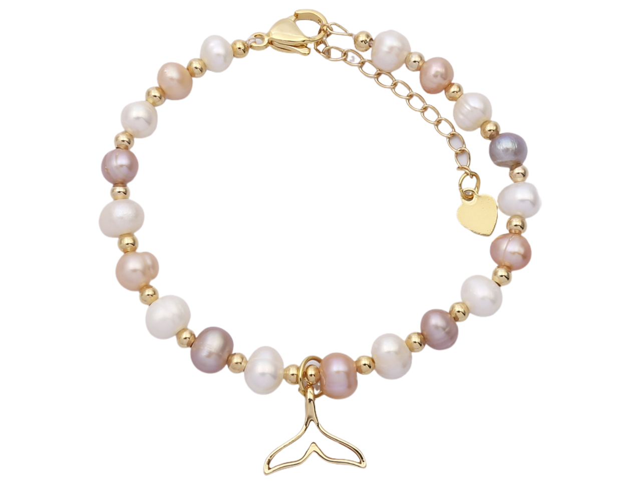 Tri Color FWP Pearl w/ Whale Tail Charm Gold Tone Bracelet, MOQ-