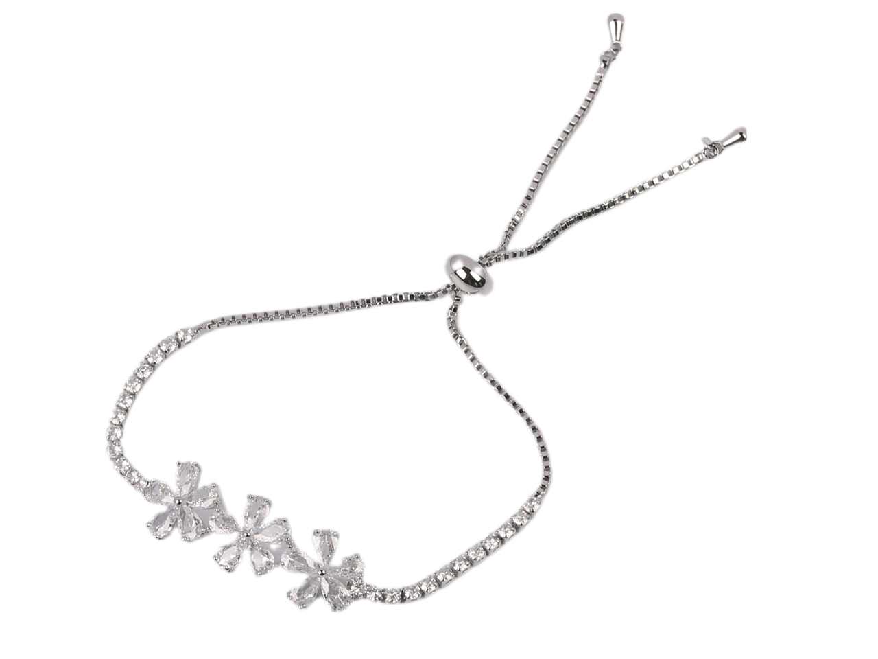 Clear Crystal Plumerias Rhodium Plated Bolo Bracelet, MOQ-6