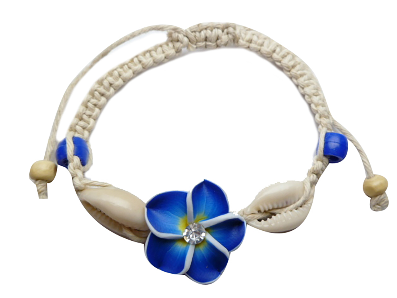 22mm Blue Fimo Flower w/ C.Z. & Cowry Shell Cord Bracelet - Click Image to Close