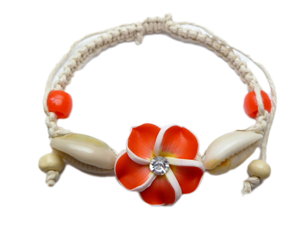 22mm Red Fimo Flower w/ C.Z. & Cowry Shell Cord Bracelet - Click Image to Close