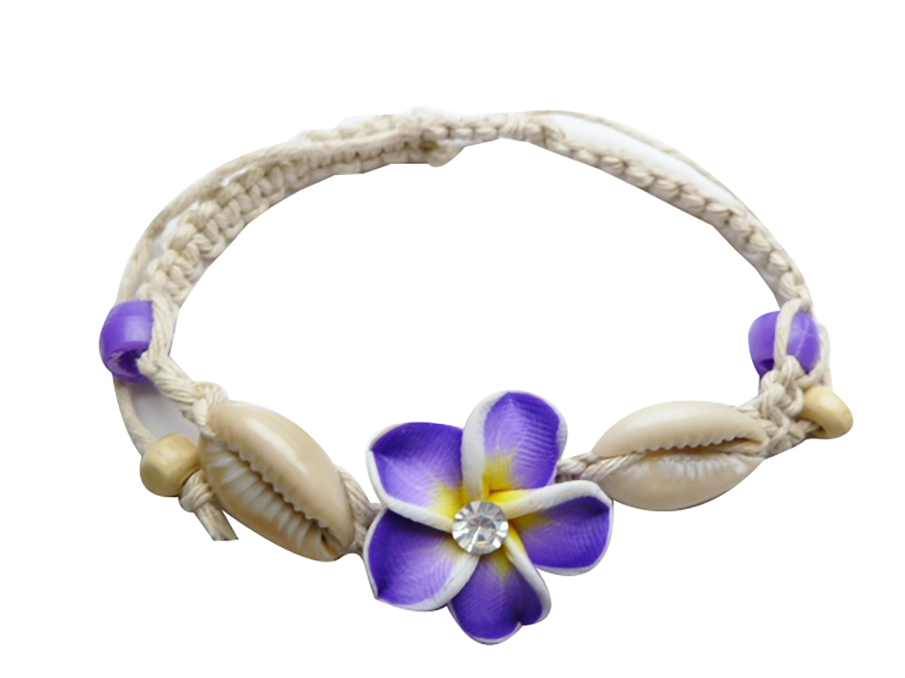 22mm Purple Fimo Flower w/ C.Z. & Cowry Shell Cord Bracelet - Click Image to Close