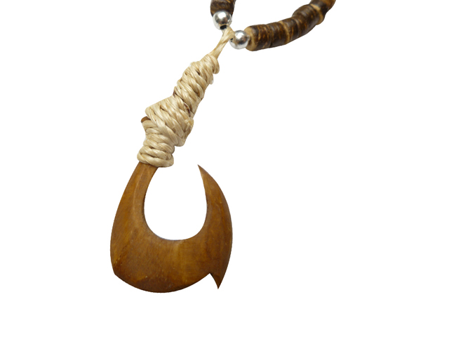 Wood Fish Hook w/ 18" Dark Coconut Beads Necklace