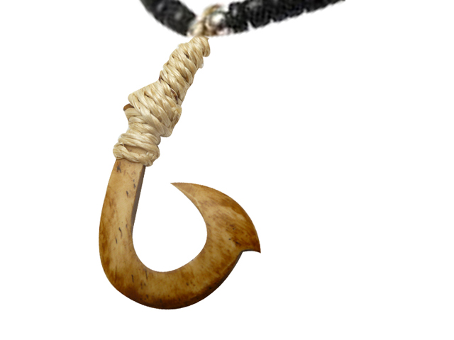 Wood Fish Hook w/ 18" Black Coconut Beads Necklace