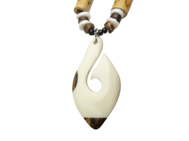 Bone Fish Hook w/ 18" Coconut & Wood Beads Necklace