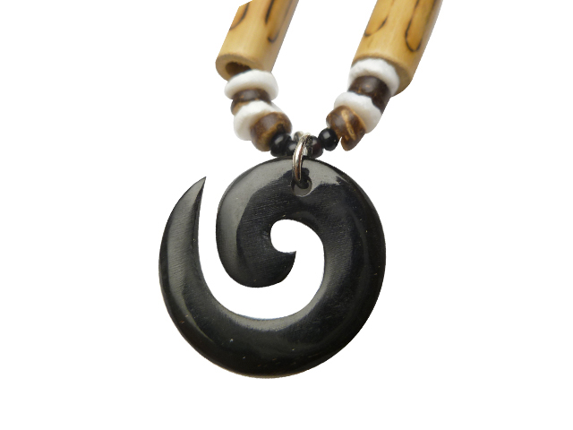 Black Bone Koru w/ 18" Coconut & Wood Beads Necklace