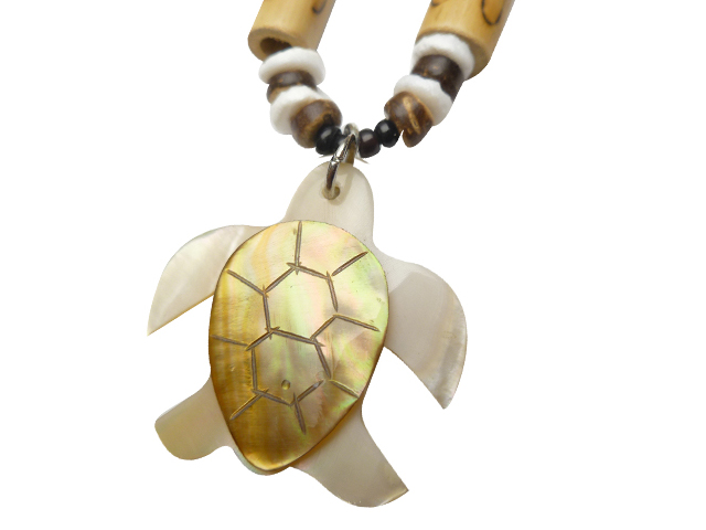 MOP Turtle w/ 18" Coconut & Wood Beads Necklace